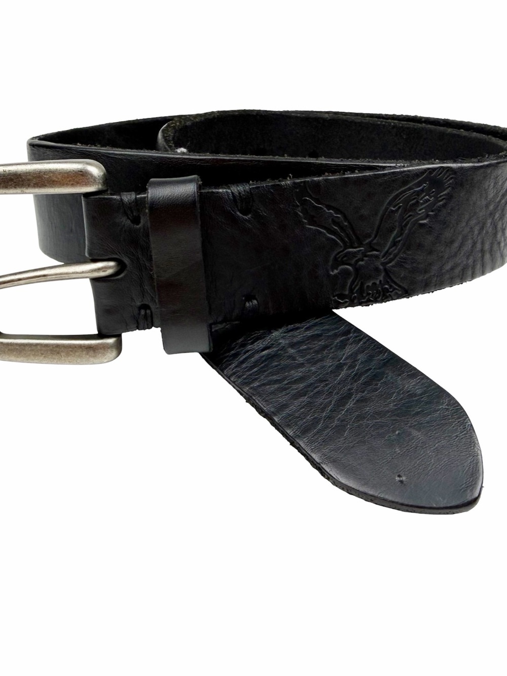 American Eagle AEO Black Leather Belt Silver Buckle Embossed Eagle Size 32